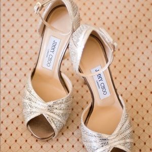 Jimmy Choo Kafta Glitter Champagne Platform Heels 36